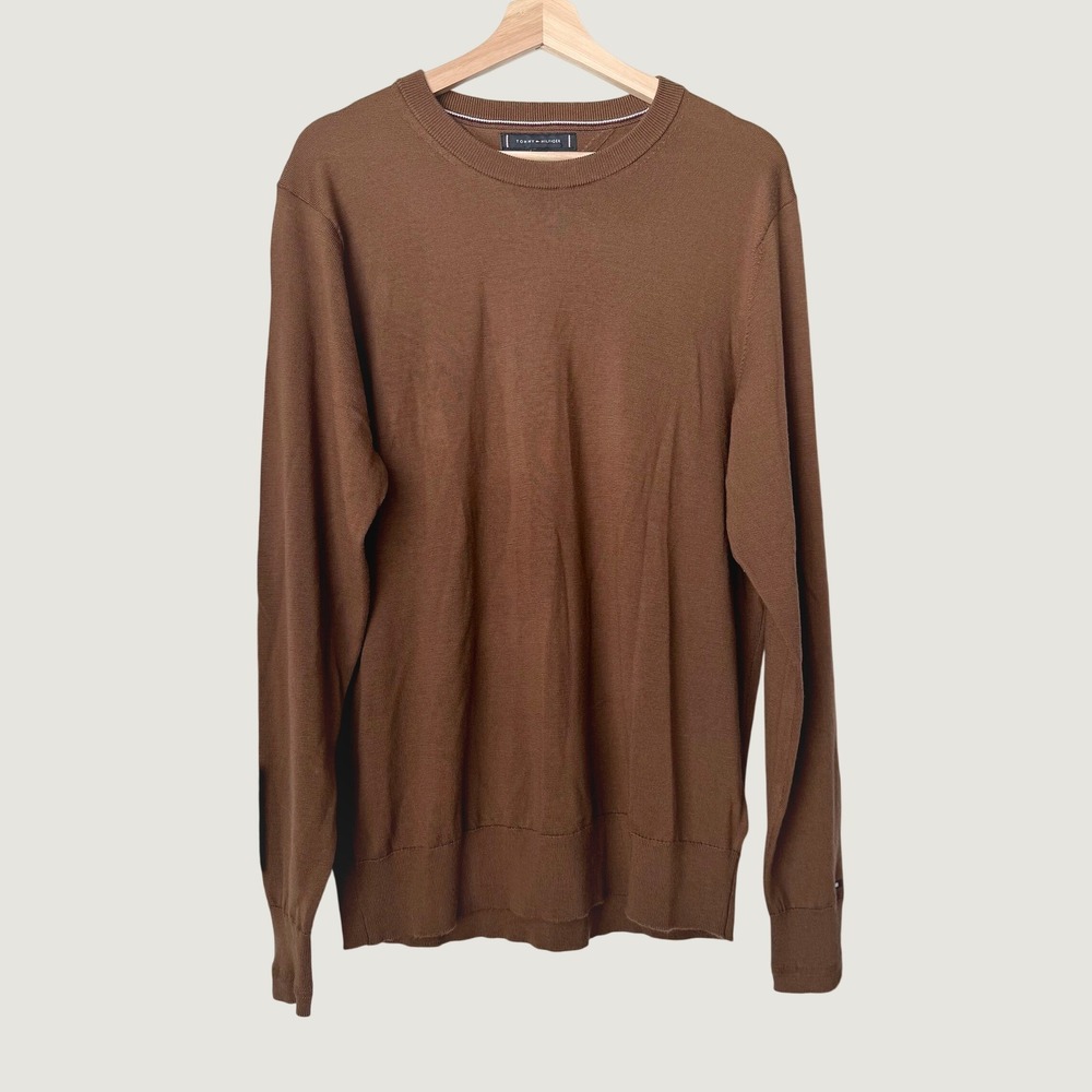 Tommy Hilfiger Mens XL Merino Wool Crewneck Sweater Brown Long Sleeve Pullover
